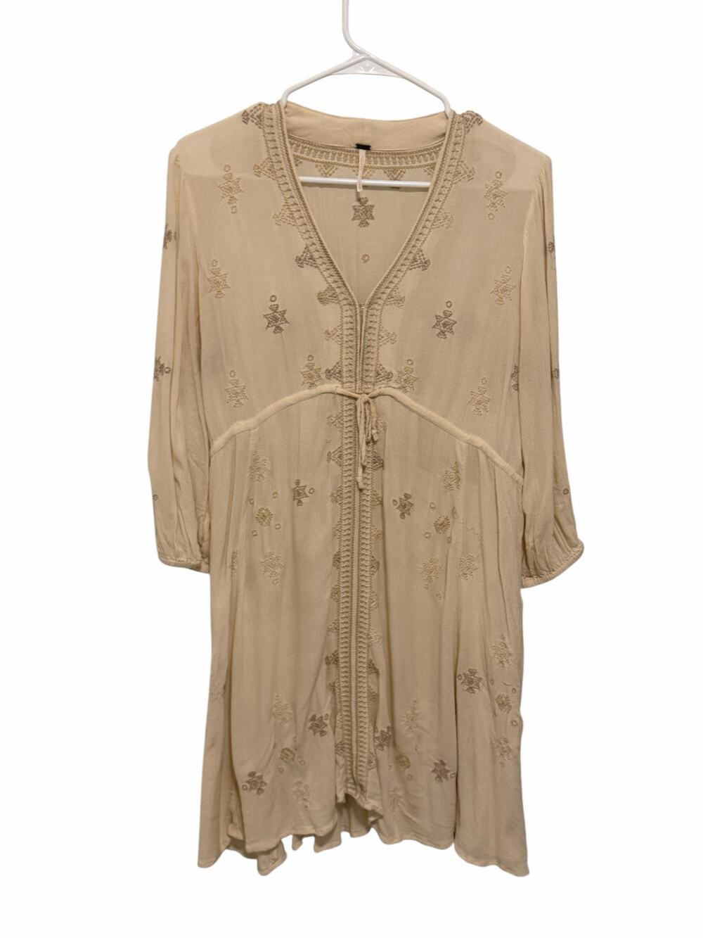 Free People Women's Small Cream Star Gazer Embroidered Long Sleeve V-Neck Dress